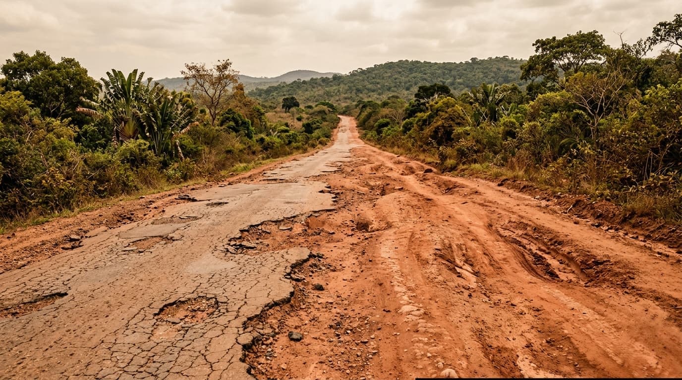 Route rurale dégradée à Madagascar — latérite rouge