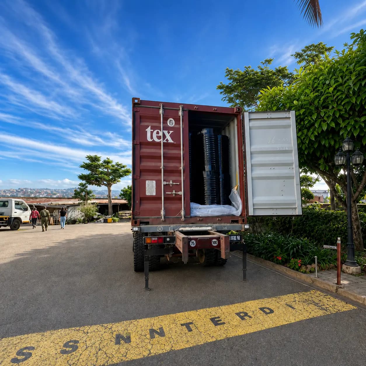 Déchargement de fûts de bitume depuis un camion sur site